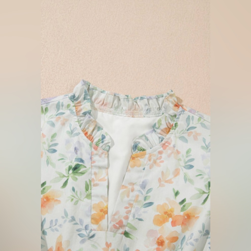 Beige Floral Print Shirred High Waist Puff Sleeve Mini Dress - Picture 5 of 9